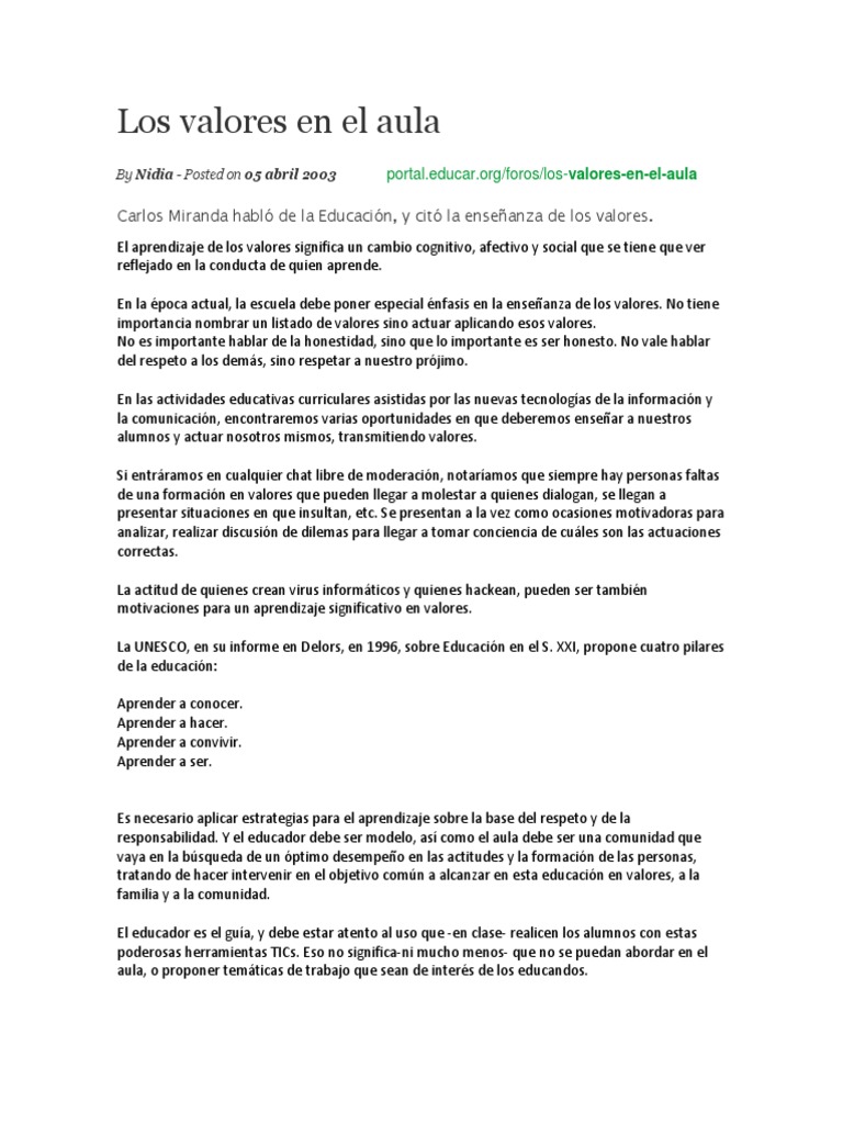 Enseñanza de Valores en el Aula | PDF | Aprendizaje | Salón de clases