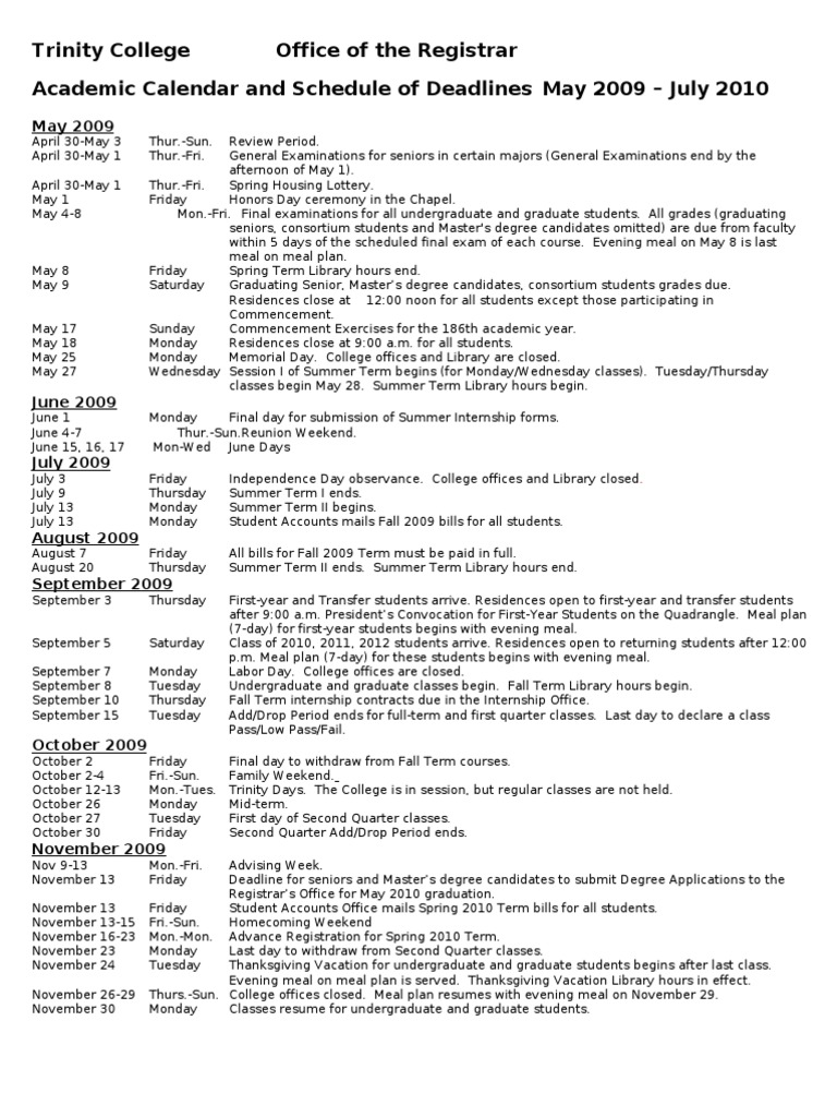Trinity College Academic Calendar 2009-2010 | PDF | Academic Term ...