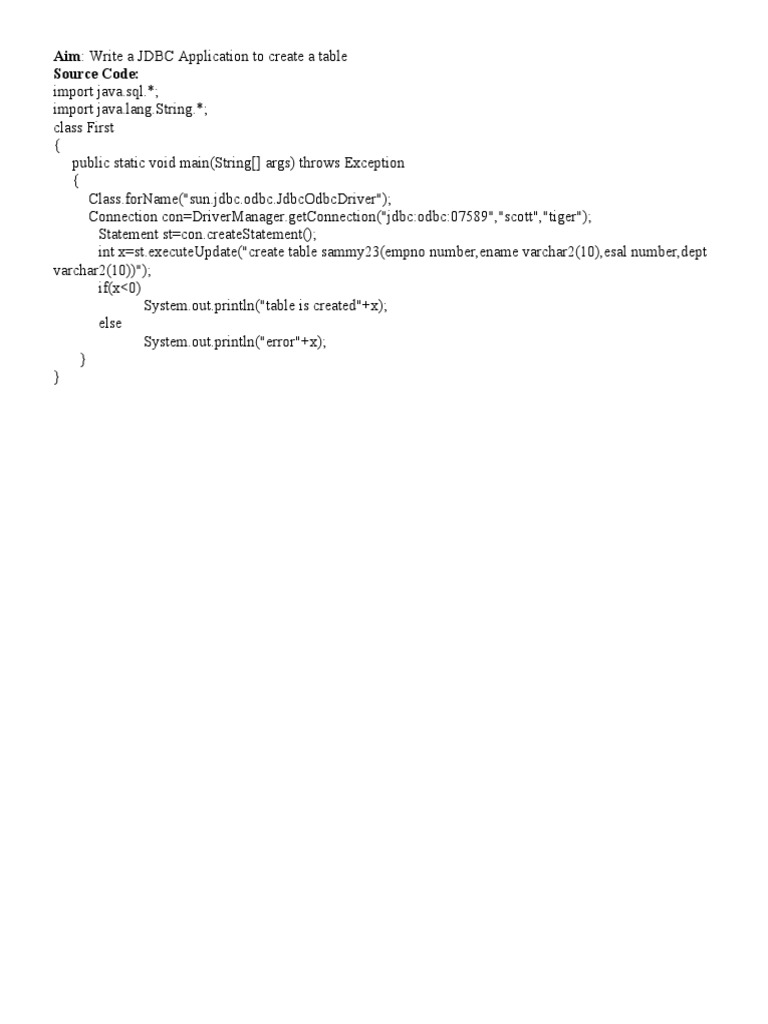 Aim: Write A JDBC Application To Create A Table Source Code | PDF ...