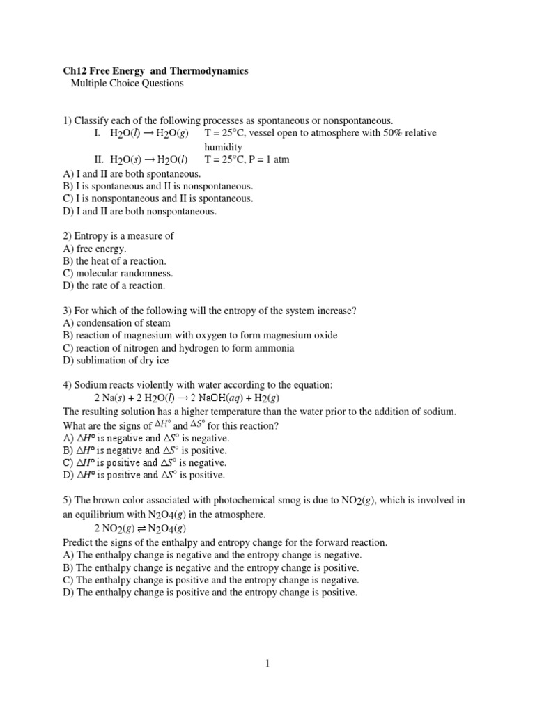 Free Energy and Thermodynamics MCQs | PDF | Entropy | Laws Of ...