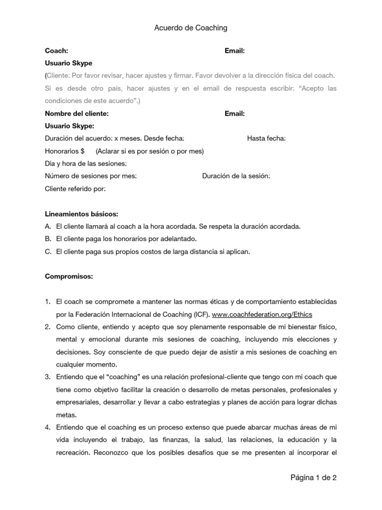 Acuerdo de Coaching ICF PDF | PDF | Psicoterapia | Sicología