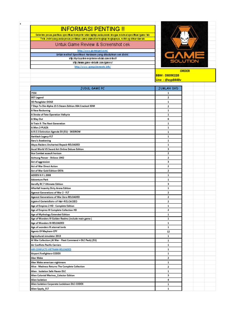 Game Order and Specifications Guide | PDF