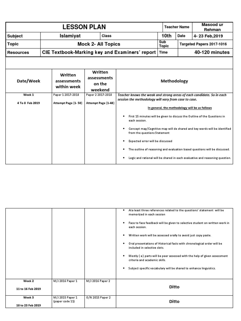 Lesson Plan Islamiyat 10th Mock 2All Topics CIE Textbook Marking