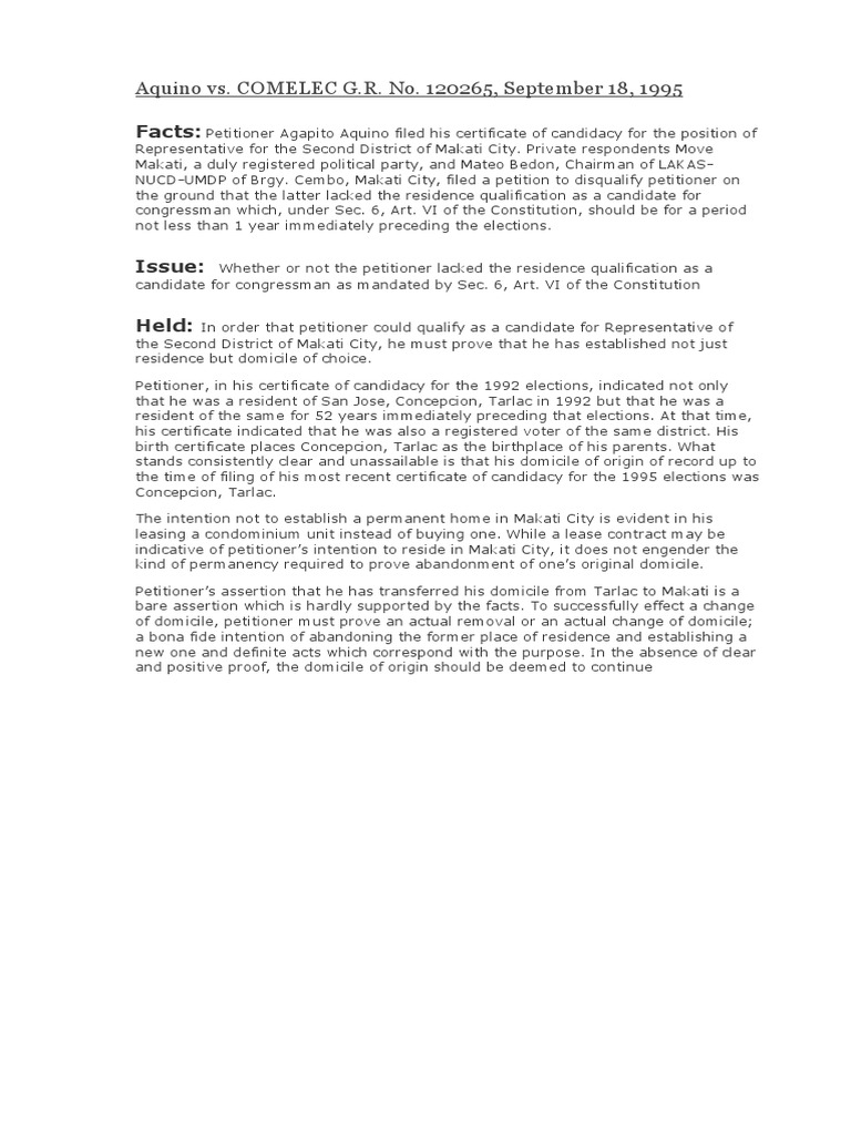 Aquino vs comelec g r no 120265 september 18 1995 facts pdf