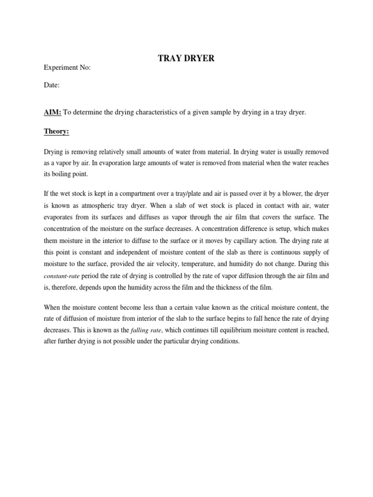 Tray Dryer Experiment No Date PDF Humidity Clothes Dryer