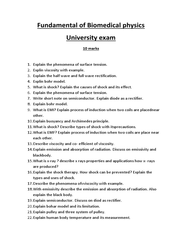 Fundamental of Biomedical Physics University Exam: 10 Marks | PDF ...