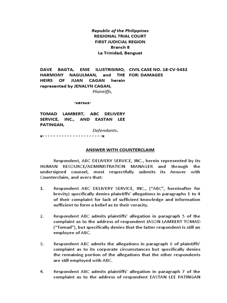 Negligence Complaint Response Example | PDF | Negligence | Vicarious ...