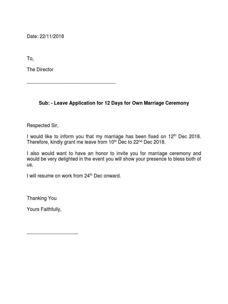 leave application letter format for brother marriage