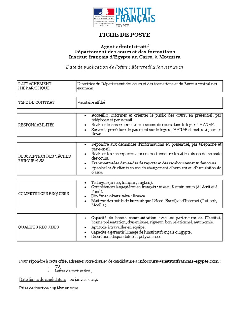 Fiche de poste : Agent administratif | PDF | Informatique ...