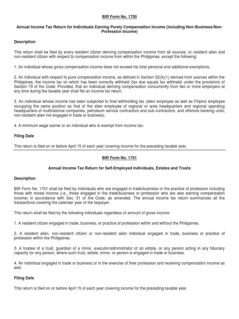 BIR Income Tax Return Forms Overview | PDF | Tax Return (United States ...