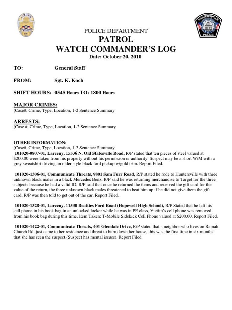 Patrol Watch Commander'S Log: Police Department | PDF
