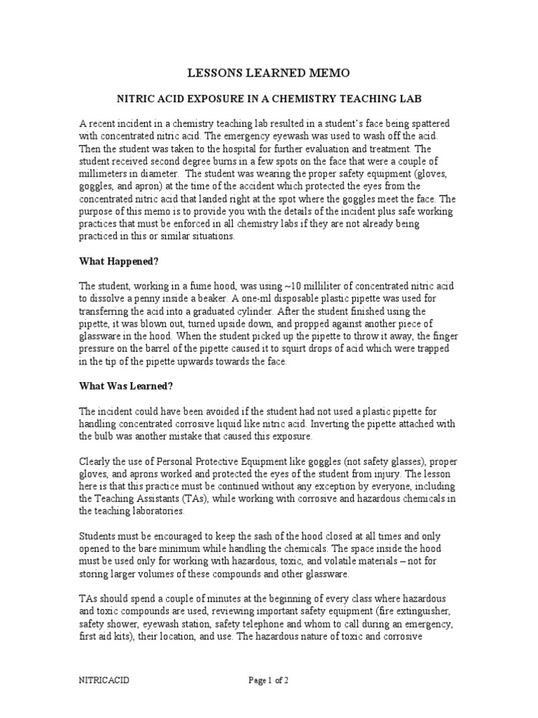 Lessons Learned Memo Nitric Acid Exposure in A Chemistry Teaching Lab