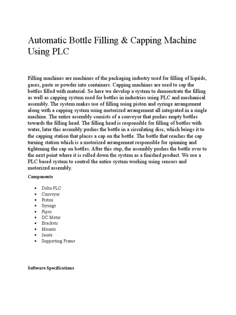 Automatic Bottle Filling & Capping Machine Using PLC: Components | PDF
