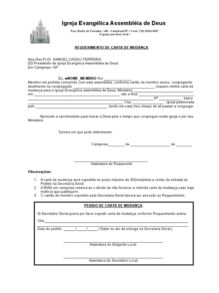Requerimento de Carta de Mudanca PDF Protestante Religião e Crença