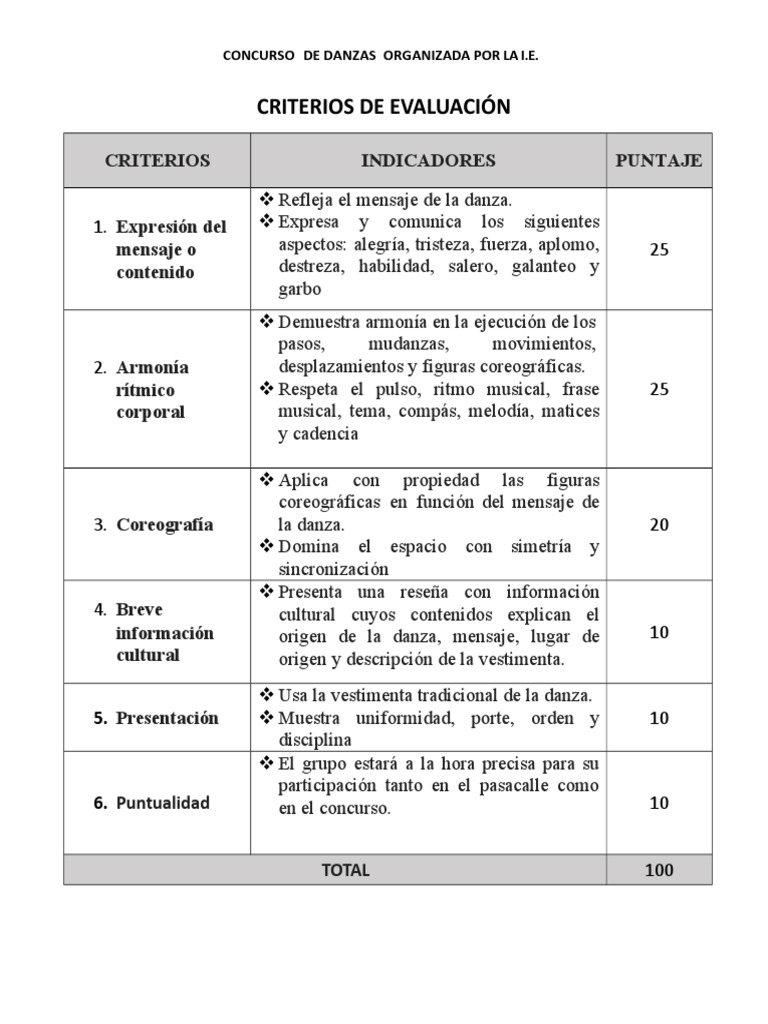 Criterios de Evaluación para Concurso de Danza | PDF | Bailes | Ritmo