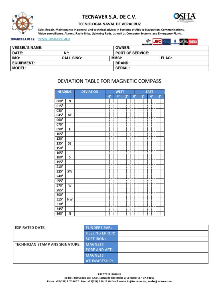 Deviation Table For Magnetic Compass: Tecnaver S.A. de C.V | PDF