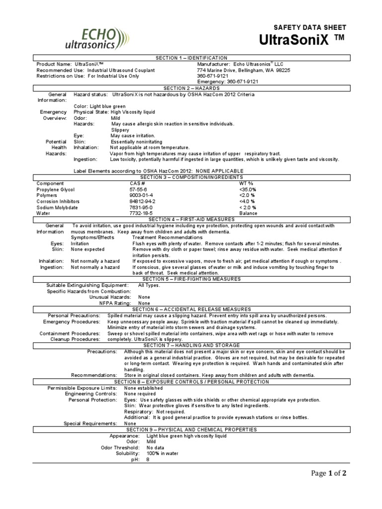 Ultrasonic Couplant MSDS PDF Ultrasound Volatile Organic Compound