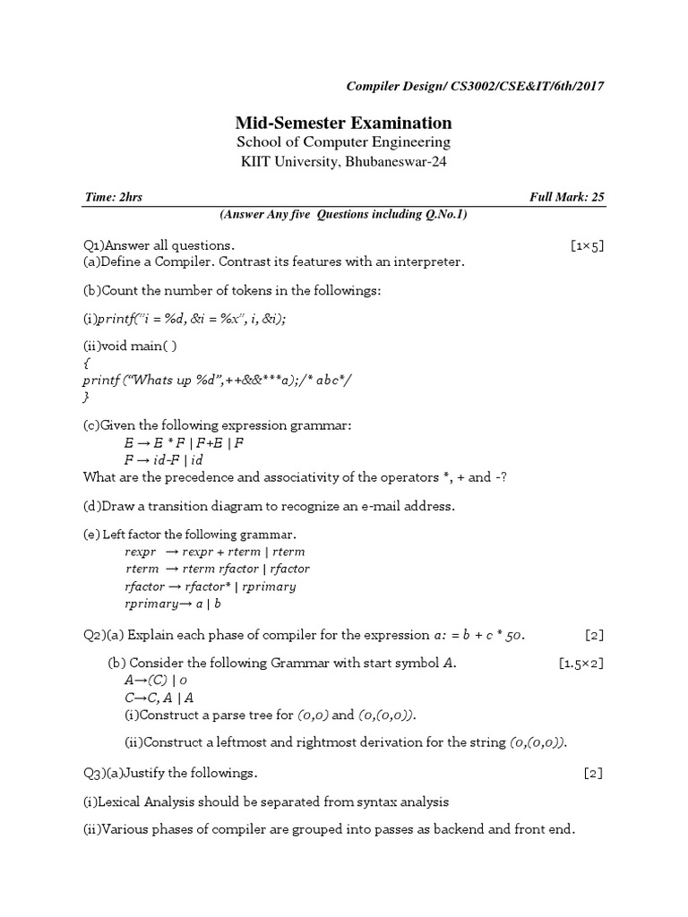 Question Mid semCDSpring2017 PDF Parsing Grammar