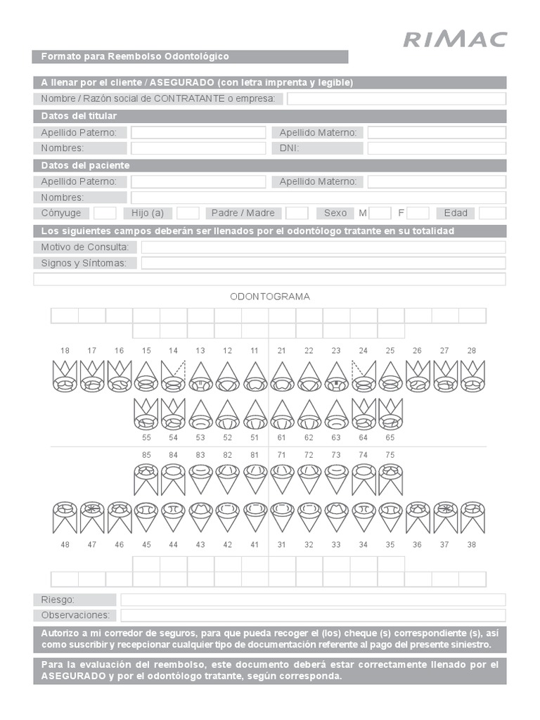 Formato de Reembolso Odontológico Rimac | PDF | Odontología | Dentadura ...