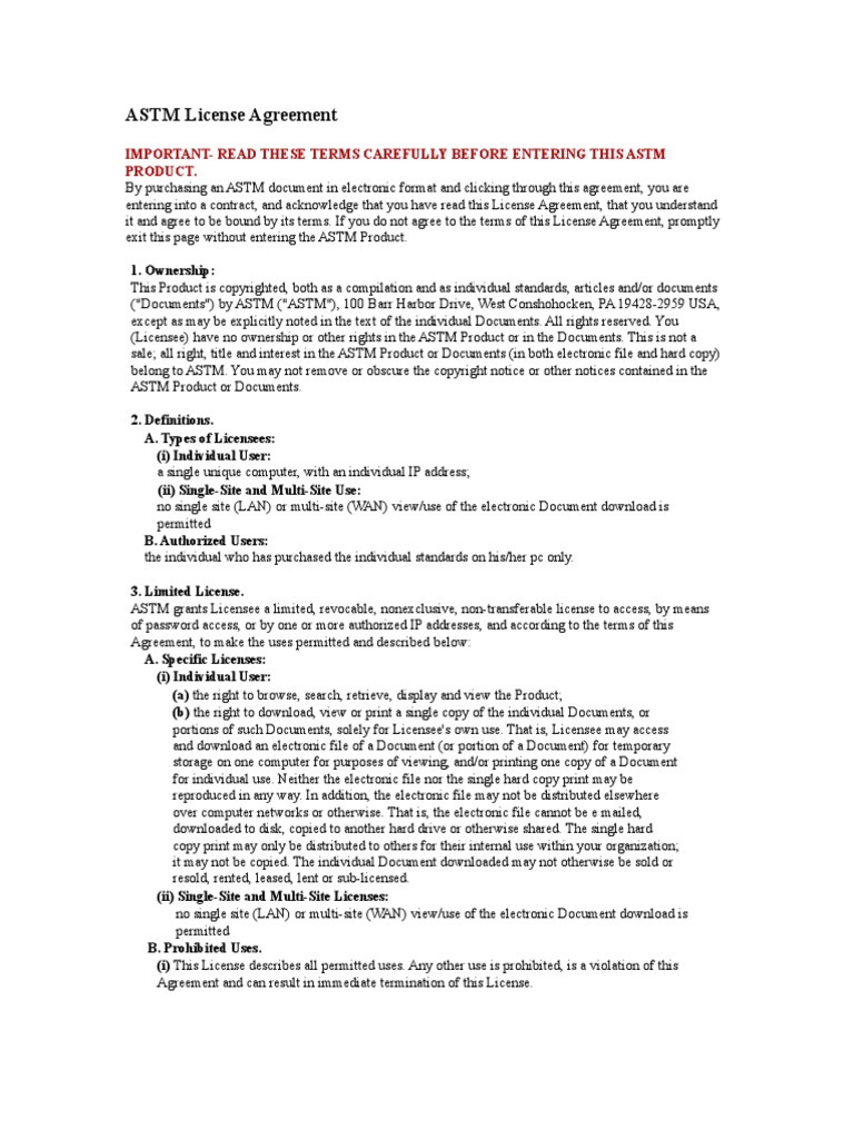 ASTM License Agreement: Important-Read These Terms Carefully Before ...