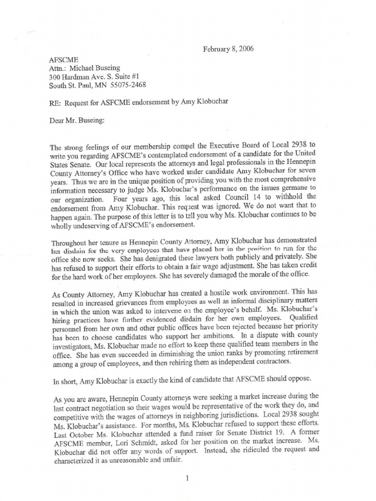 AFSCME Letter On Amy Klobuchar (2006) PDF United States Senate