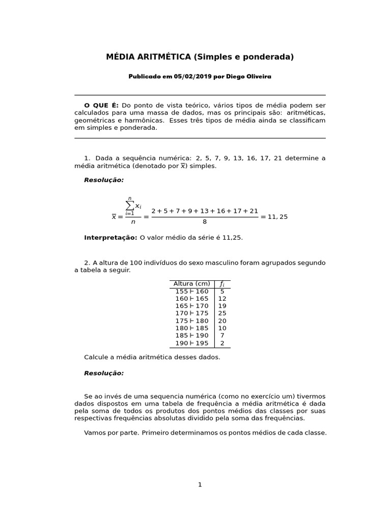 Exercícios Resolvidos: Média Aritmetica (Simples e Ponderada) | PDF ...