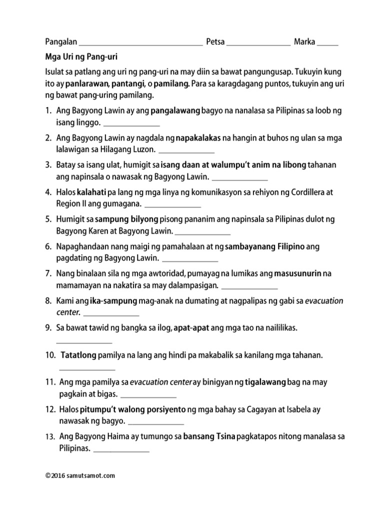 mga uri ng pang uri worksheet pdf pdf