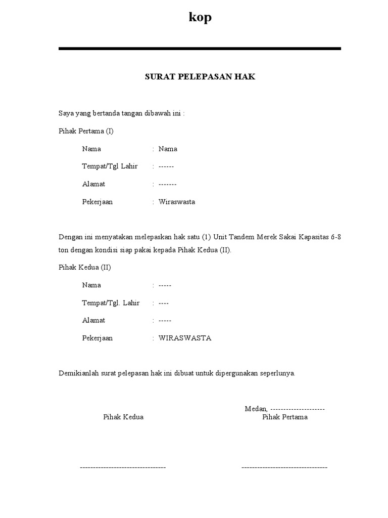 Contoh Surat Pelepasan Hak Barang