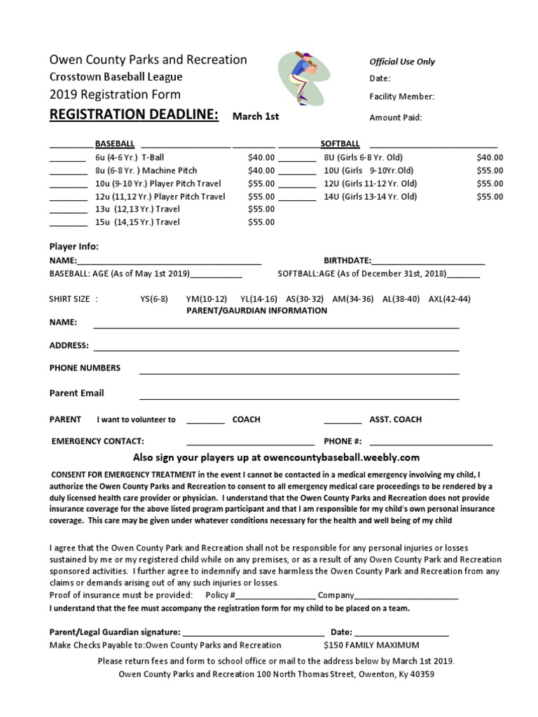 Owen County Baseball Registration 2019 | PDF | Indemnity | Insurance