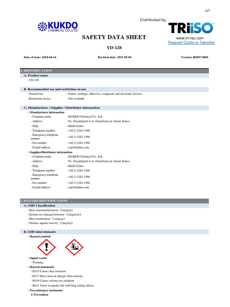 YD-128 Safety Data Sheet | PDF | Dangerous Goods | Chemistry
