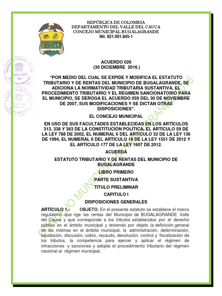 Acuerdo 026 Estatuto Tributario Municipal PDF PDF Impuestos Colombia