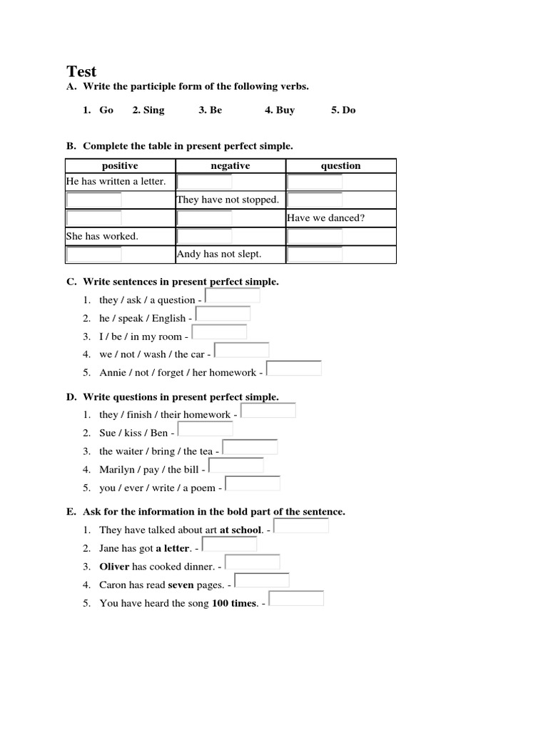 Present Perfect Simple Test | PDF | Question | English Language