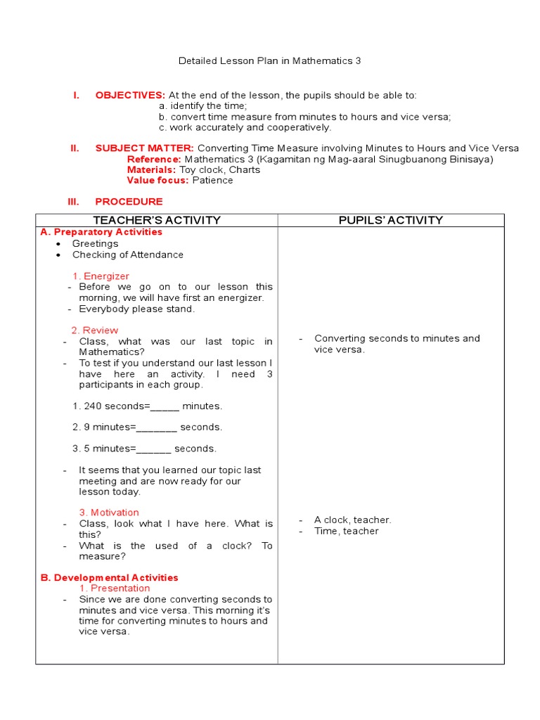 Converting Between Hours and Minutes A Detailed Lesson Plan Teaching