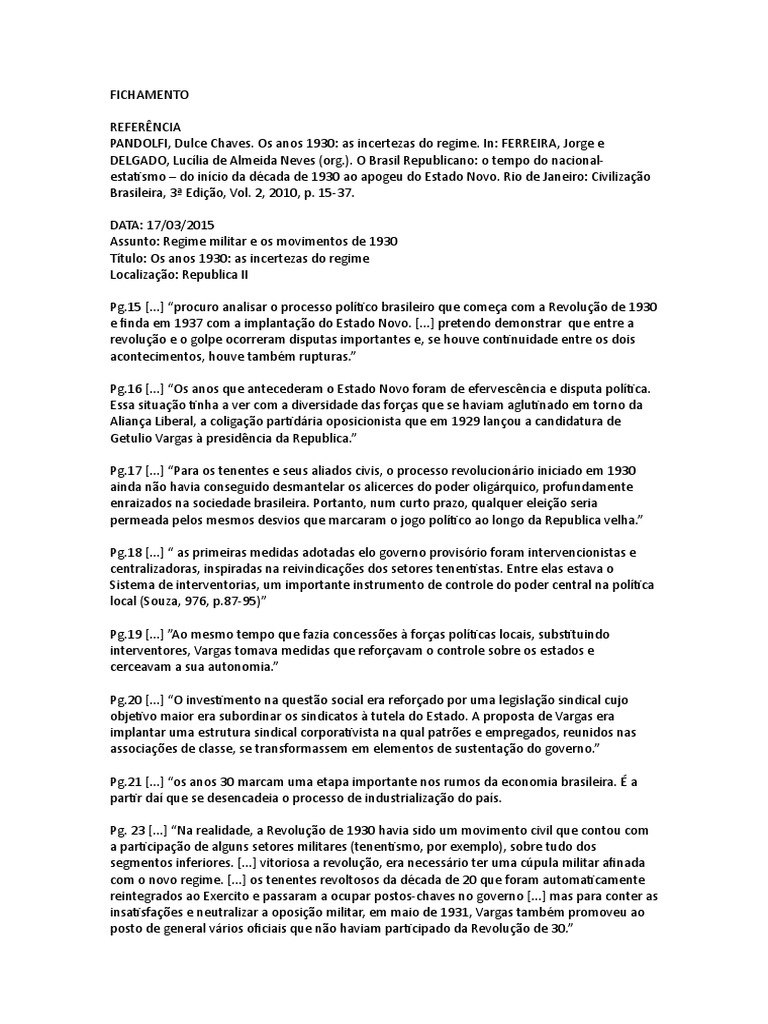 Fichamento Do Texto Os Anos 1930 de Dulce Pandolfi. | PDF | Sindicato ...