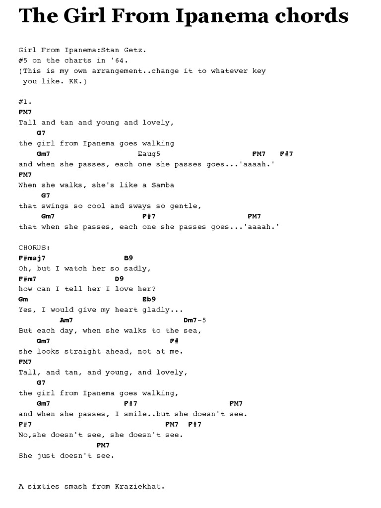 THE GIRL FROM IPANEMA CHORDS by Stan Getz, João Gilberto, Astrud