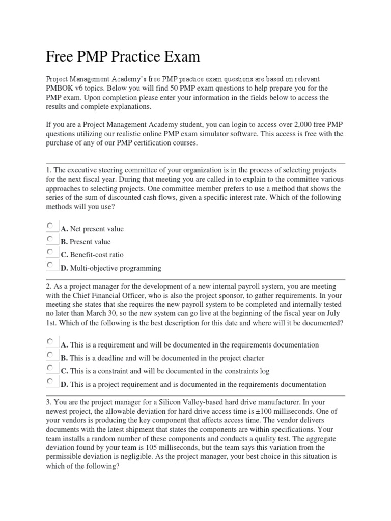 Free PMP Practice Exam | PDF | Accuracy And Precision | Project ...