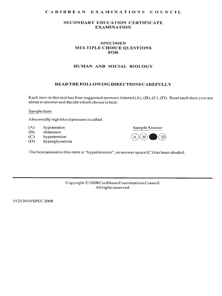 CSEC Human & Social Biology June 2008 P1 Spec | PDF | Neuron | Nutrients