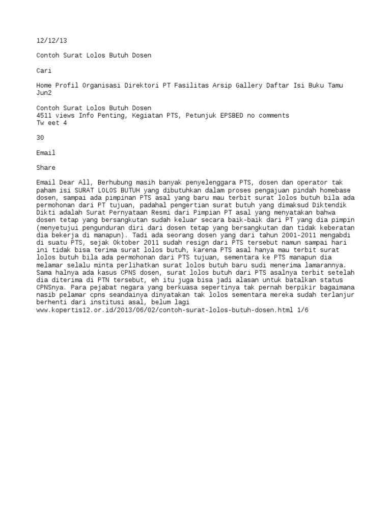 Contoh Surat Lolos Butuh Dosen