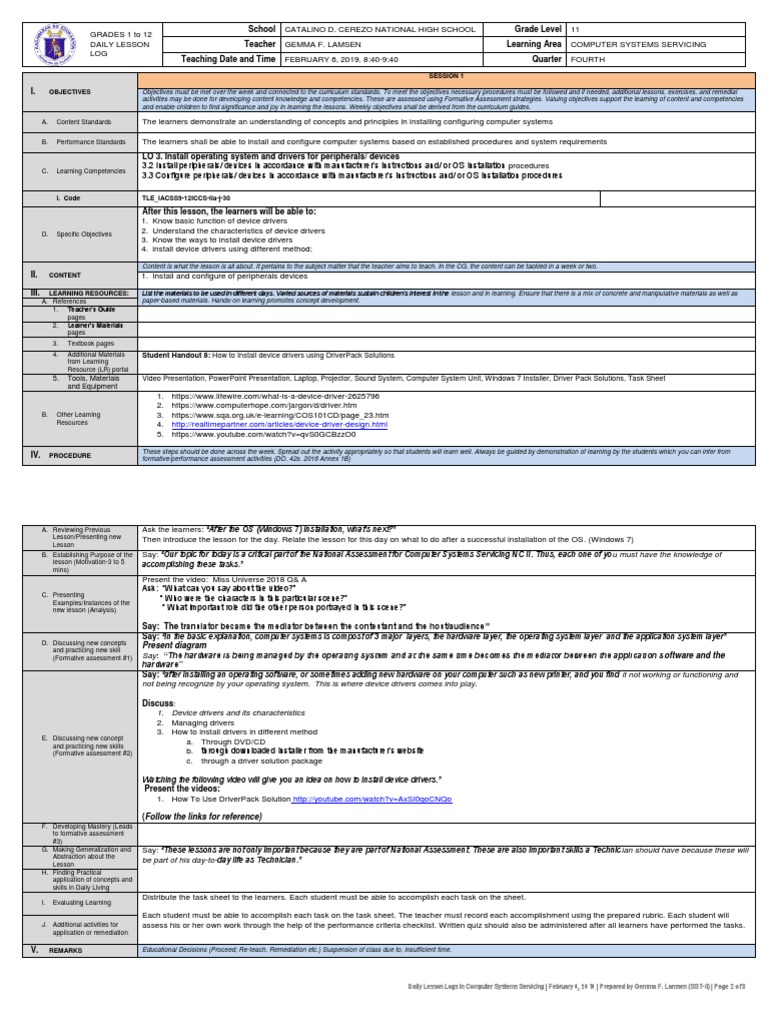 Computer Systems Servicing Lesson Plan | PDF | Operating System | Learning