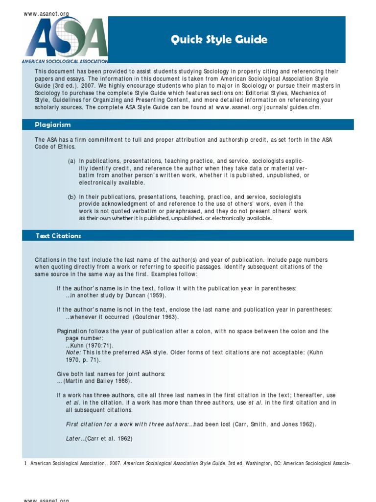 Quick Style Guide ASA 2007 Citation Written Communication