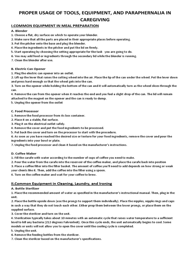 Proper Usage of Tools, Equipment, and Paraphernalia in Caregiving PDF