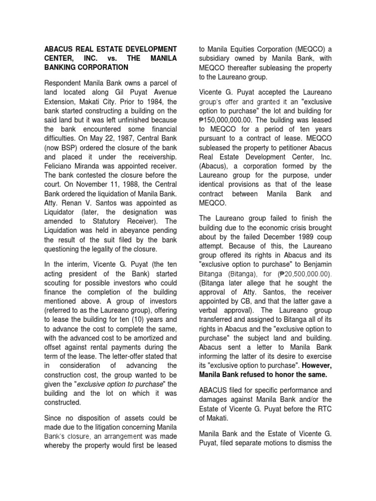 Abacus Real Estate Development Center, Inc. vs. THE Manila Banking