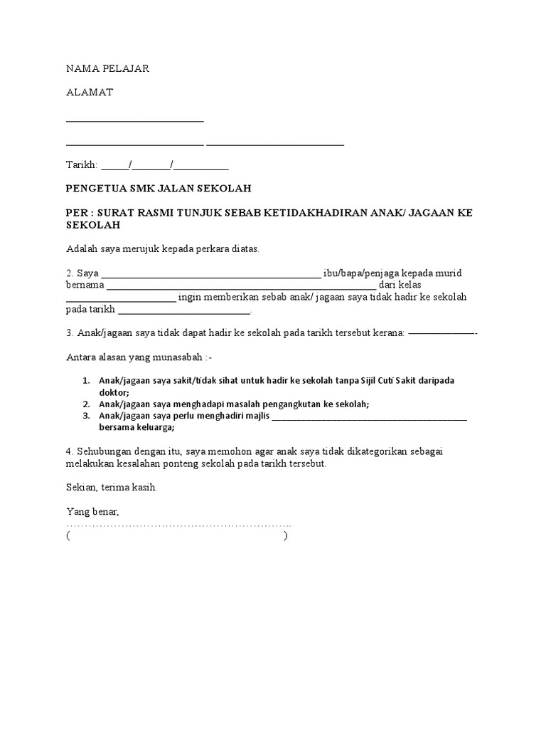 Contoh Surat Tidak Hadir Ke Sekolah Kerana Menghadiri Majlis Bersama Keluarga Pdf