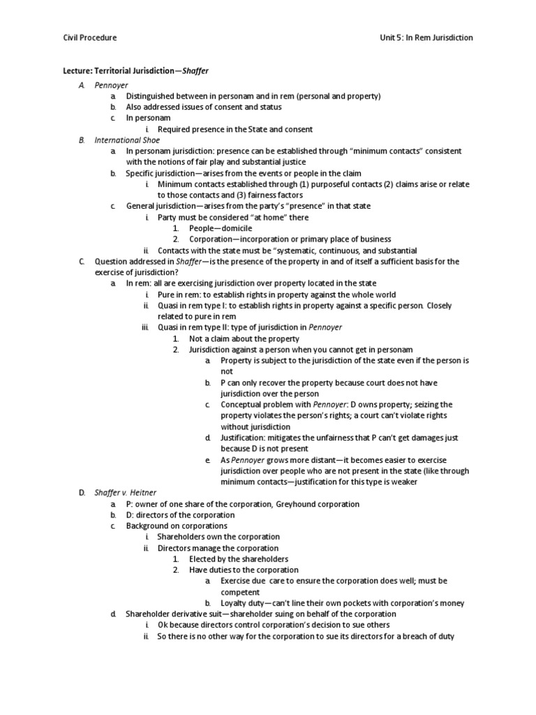 5 in Rem Jurisdiction PDF Personal Jurisdiction Minimum Contacts