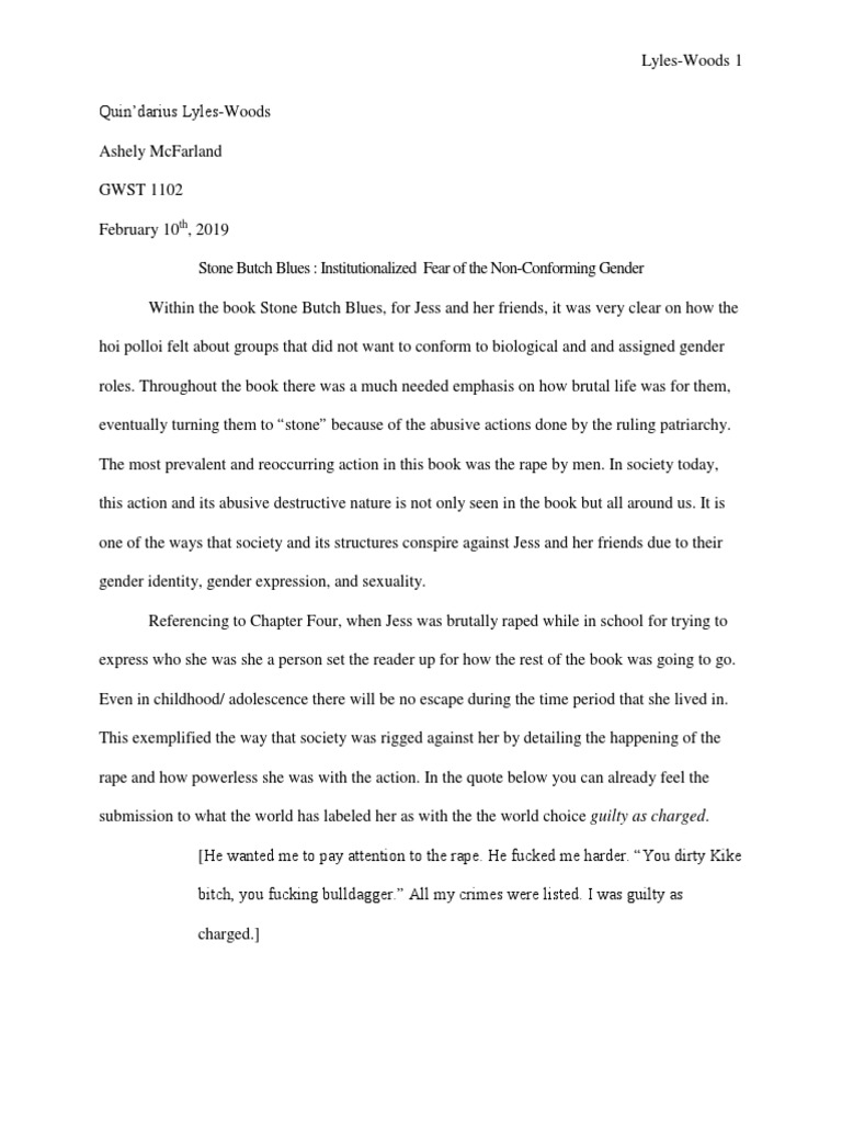 Stone Butch Blues Writing Assignement | PDF | Butch And Femme | Gender