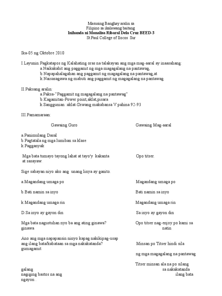 Filipino Lesson Plan Detailed Hot Bubble 