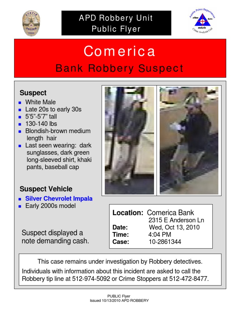Comerica Bank Robbery Suspect Alert | PDF | Mystery, Thriller & Crime ...