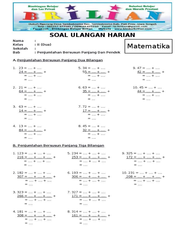 Soal Penjumlahan Bersusun Panjang