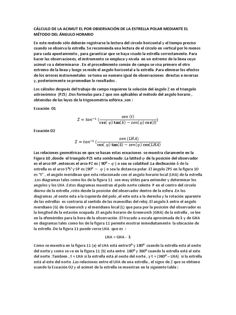Cálculo de La Acimut El Por Observación de La Estrella Polar Mediante ...
