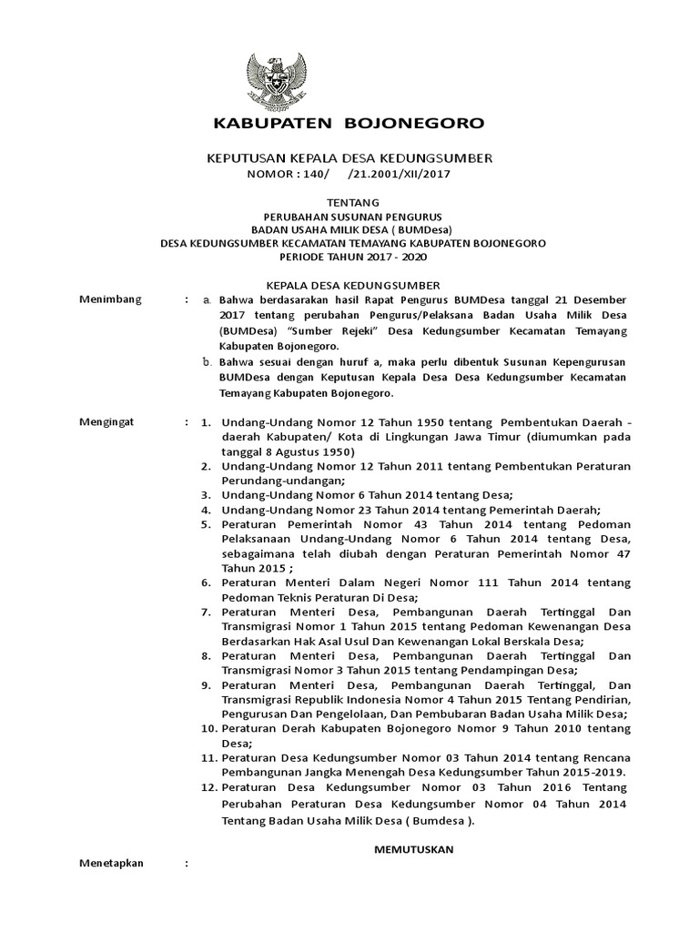 Sk Perubahan Susunan Pengurus Bumdes 2017